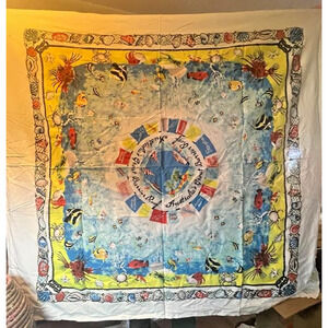 Vintage Great Barrier Reef Tablecloth 48x44" Ocean Graphic Print Coastal Kitsch